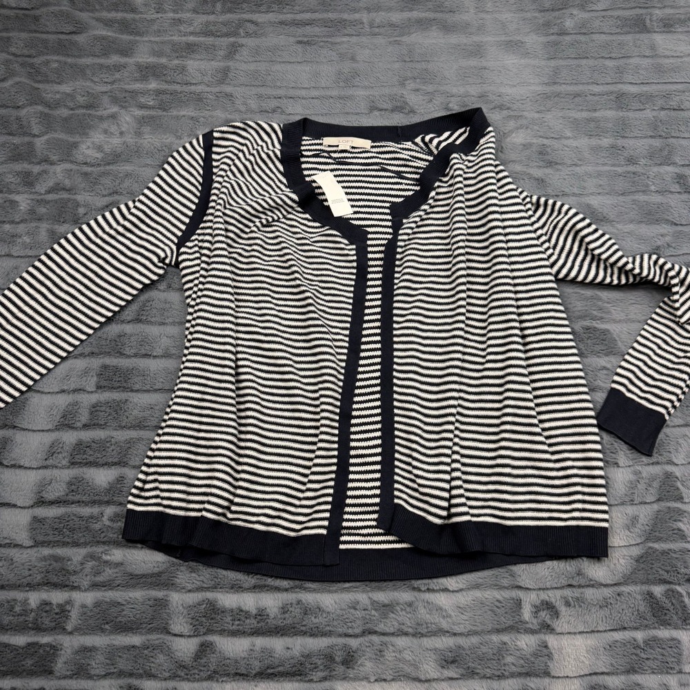 Ann Taylor LOFT Womens Navy Blue White Striped Open Front Cotton Cardigan Size M